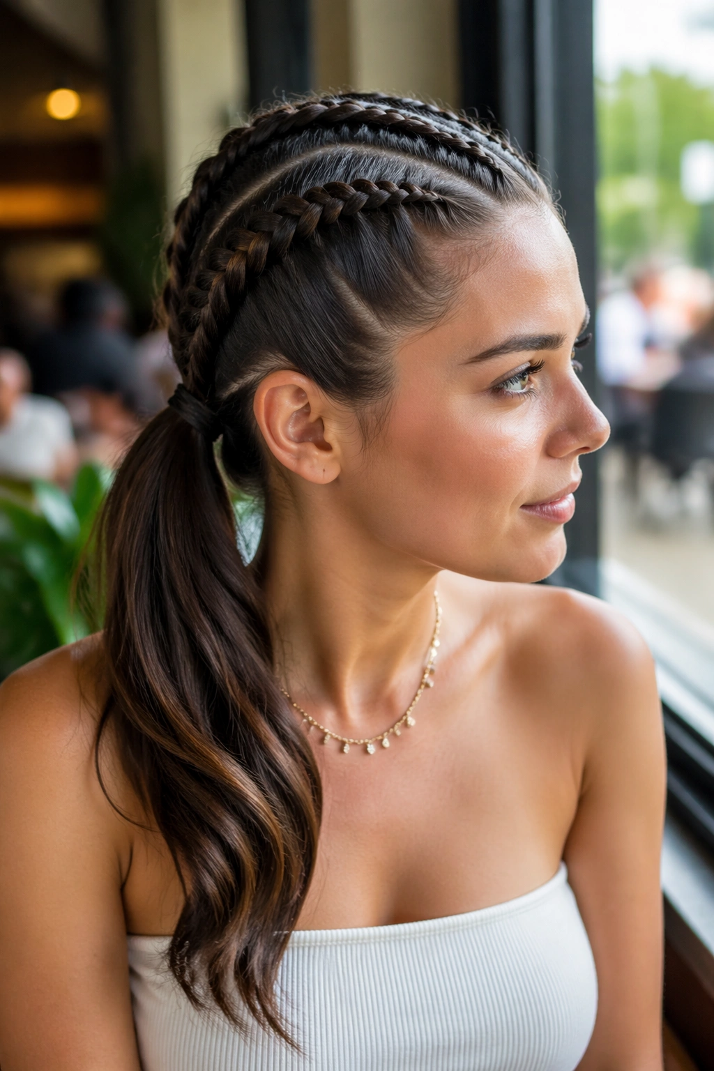 Close-up of a real woman with two Dutch braids merging into a mid ponytail