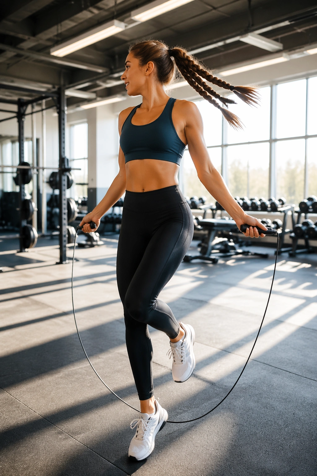 Athletic double Dutch ponytail in gym setting.