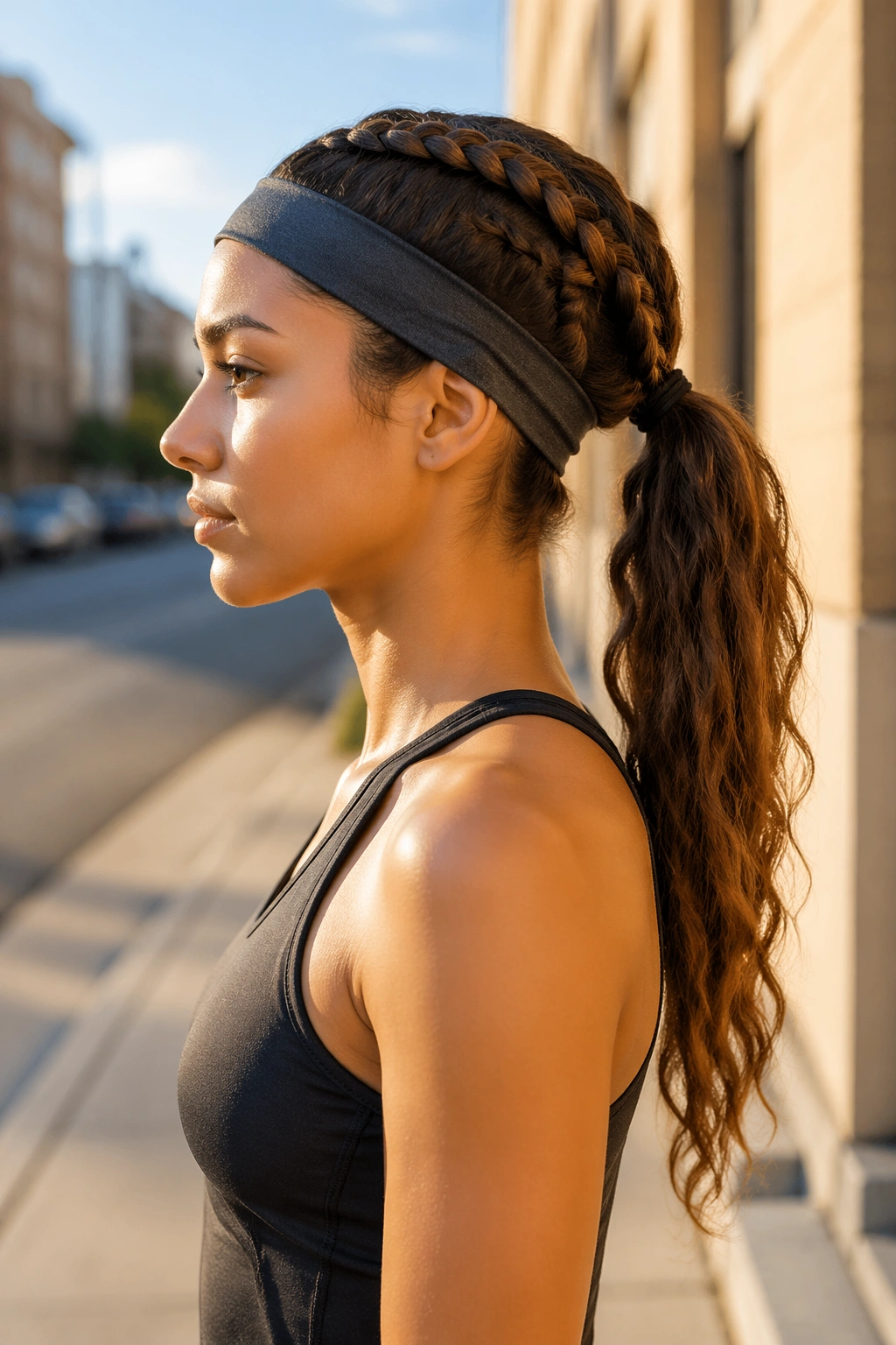 Side-profile view of double Dutch braids fused into a ponytail with sport headband.