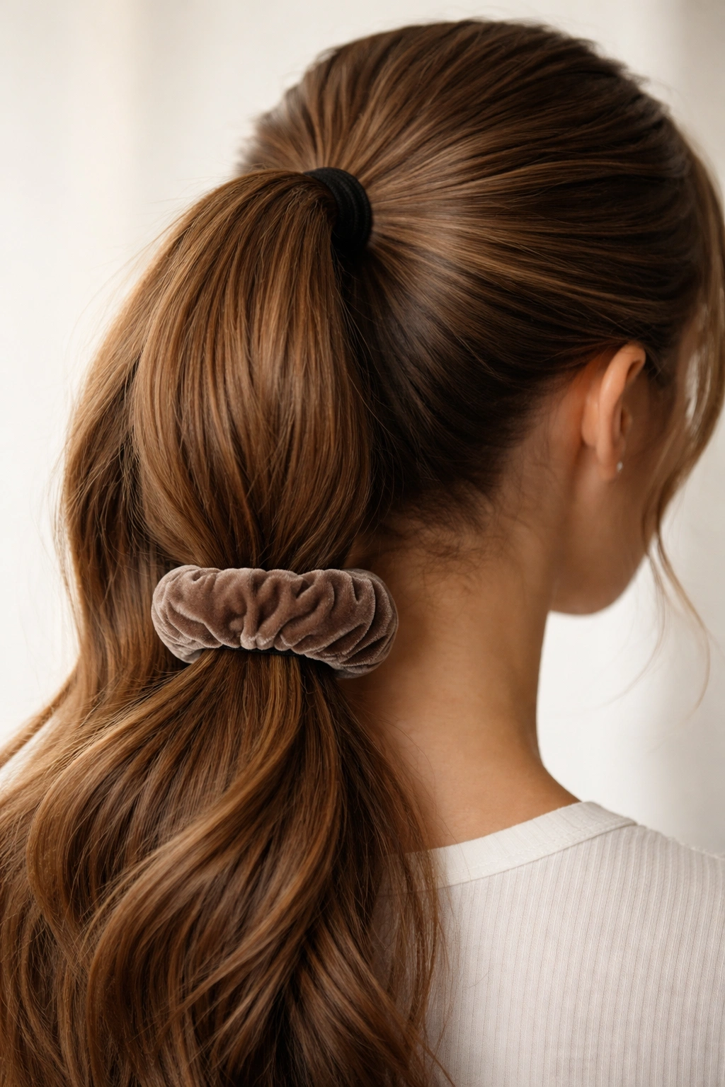 Close-up of a thick ponytail secured with a double elastic anchor and velvet scrunchie at the base