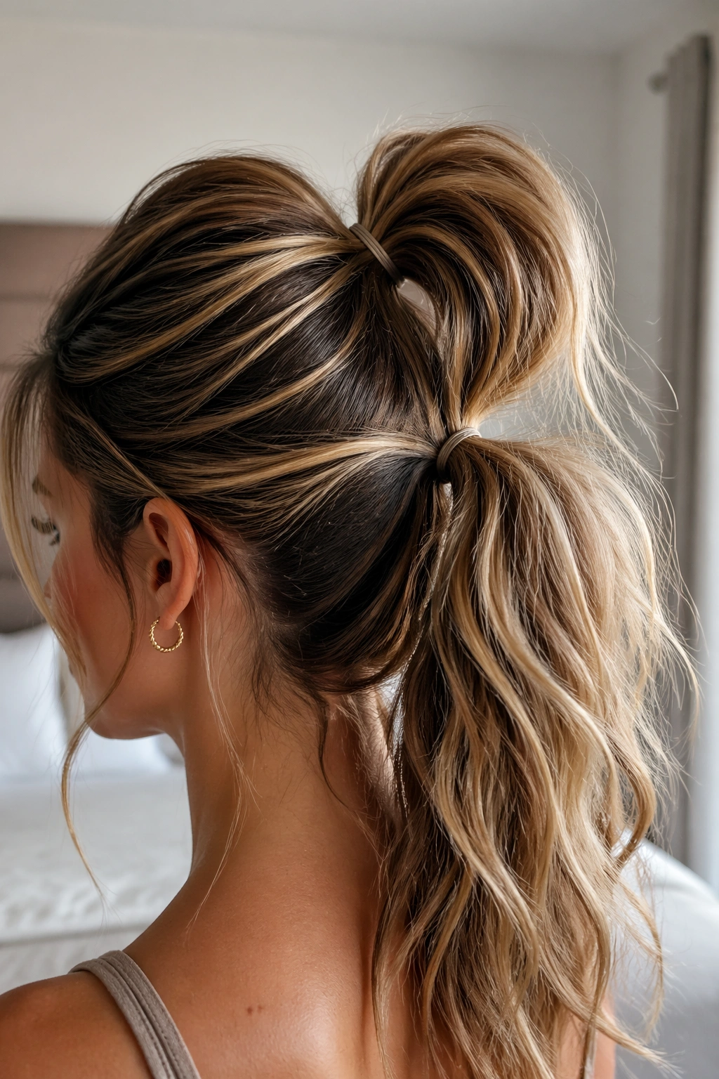 Close-up of a real person with a double-elastic lifted ponytail