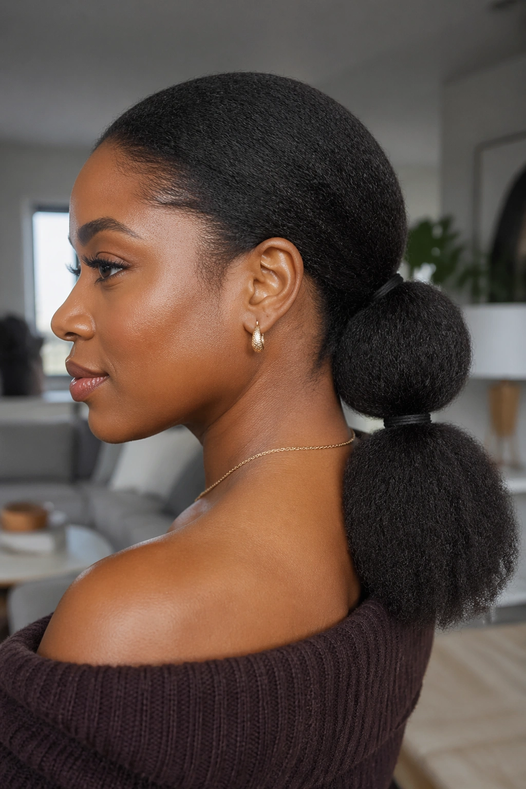 Close-up of a real woman with a double-elastic illusion low ponytail