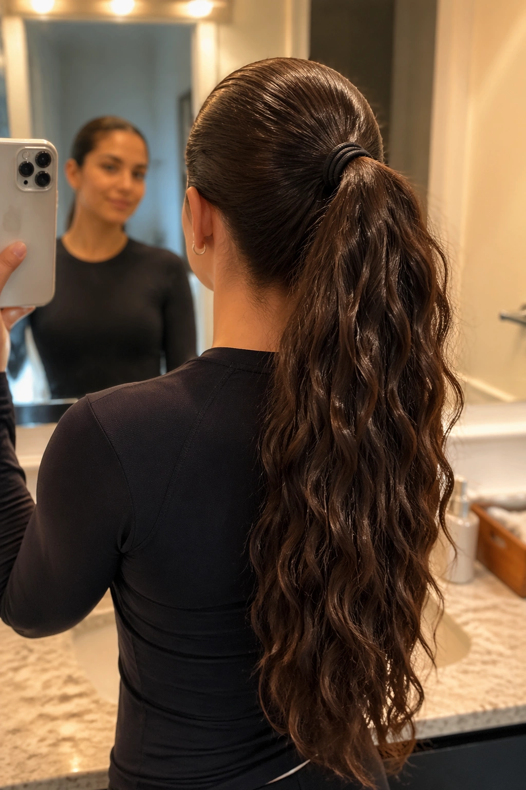 Over-the-shoulder POV of double-elastic ponytail in a bathroom mirror.