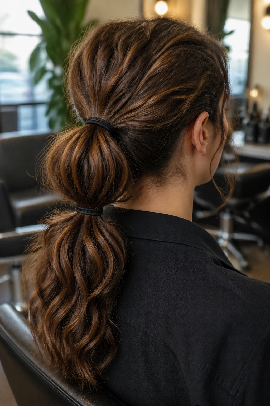 Rear view of a thick-haired woman showing two ponytails secured with two elastics
