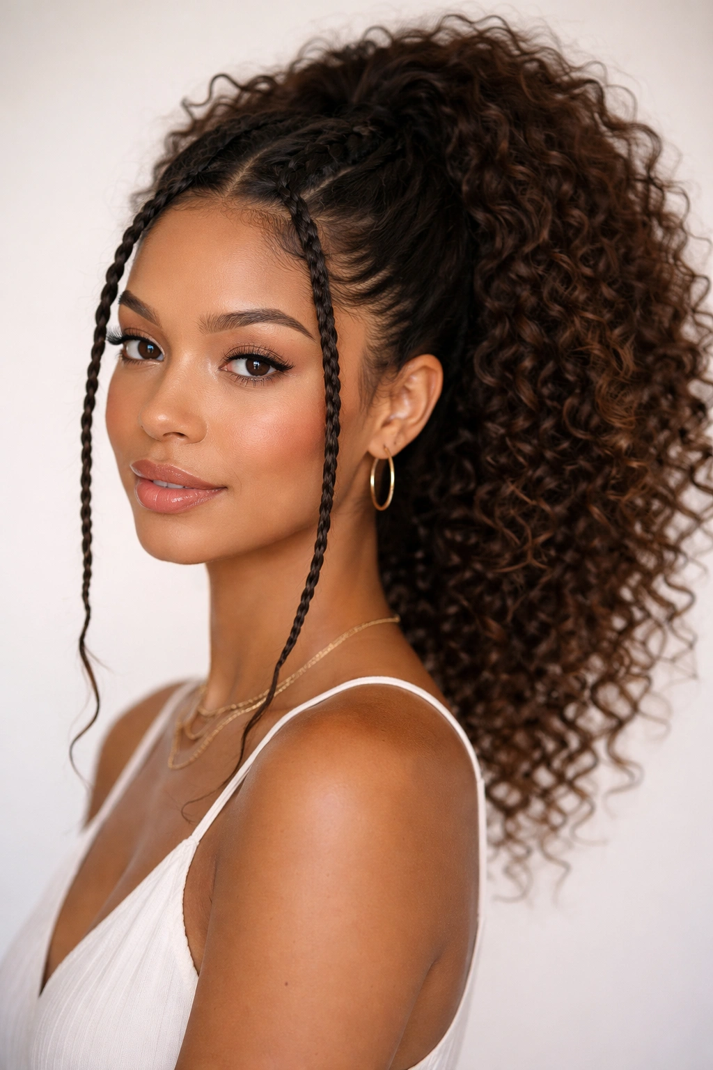Two small front braids with a puffy ponytail on a curly hairstyle