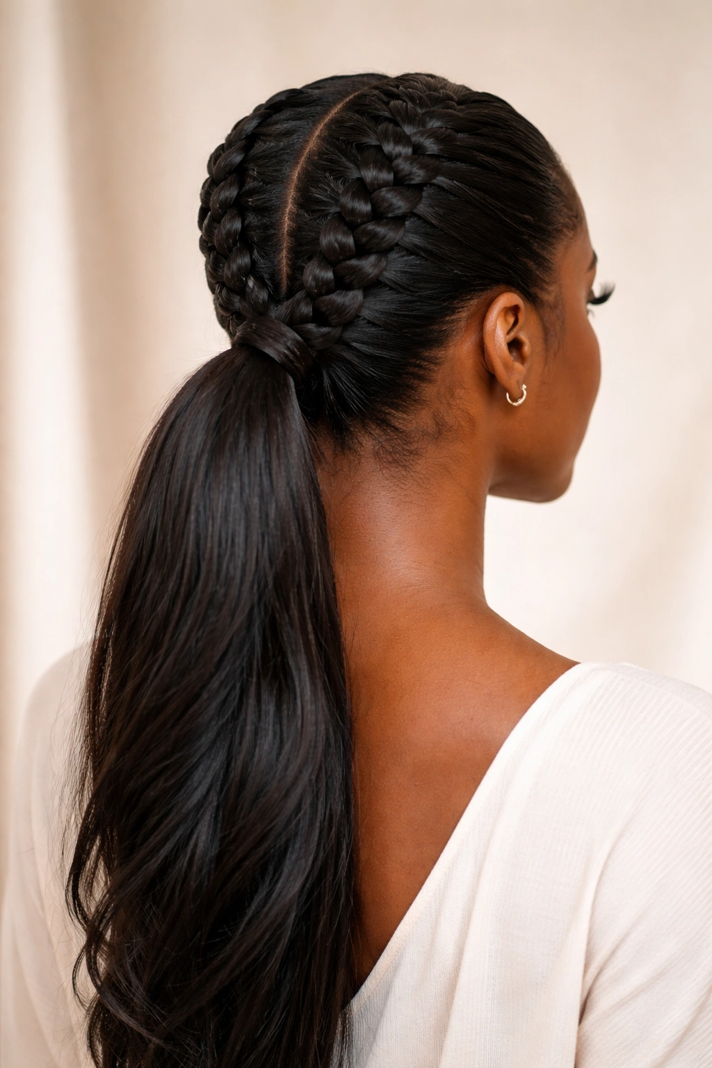 Back view of two symmetrical French braids converging into a ponytail