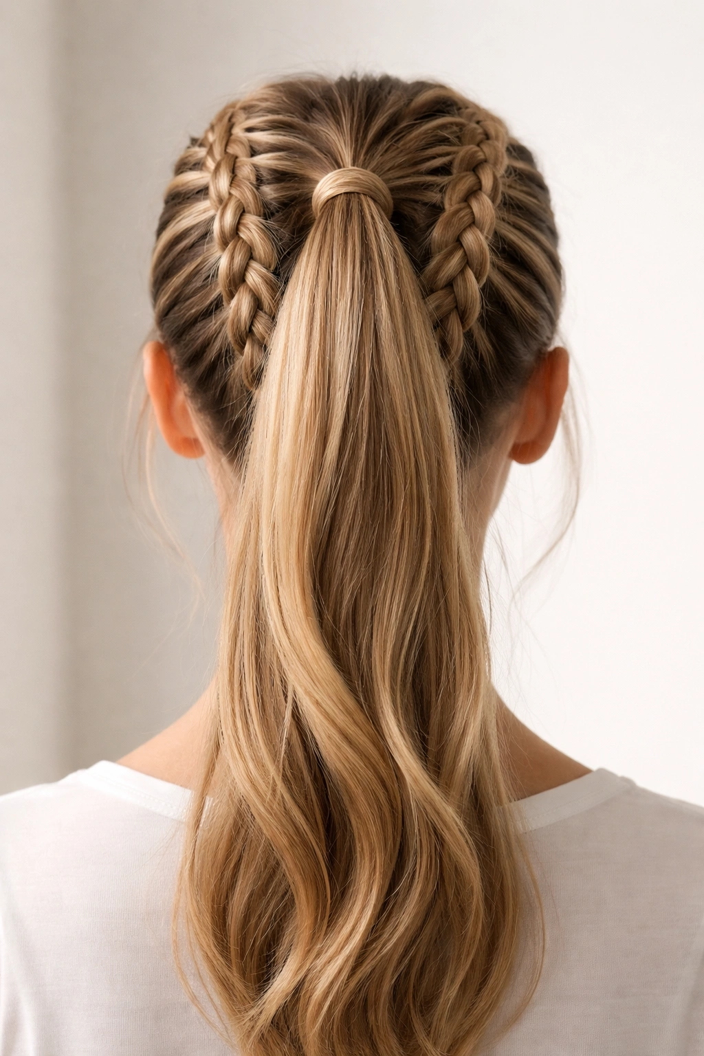Two French braids converging into a single high ponytail.