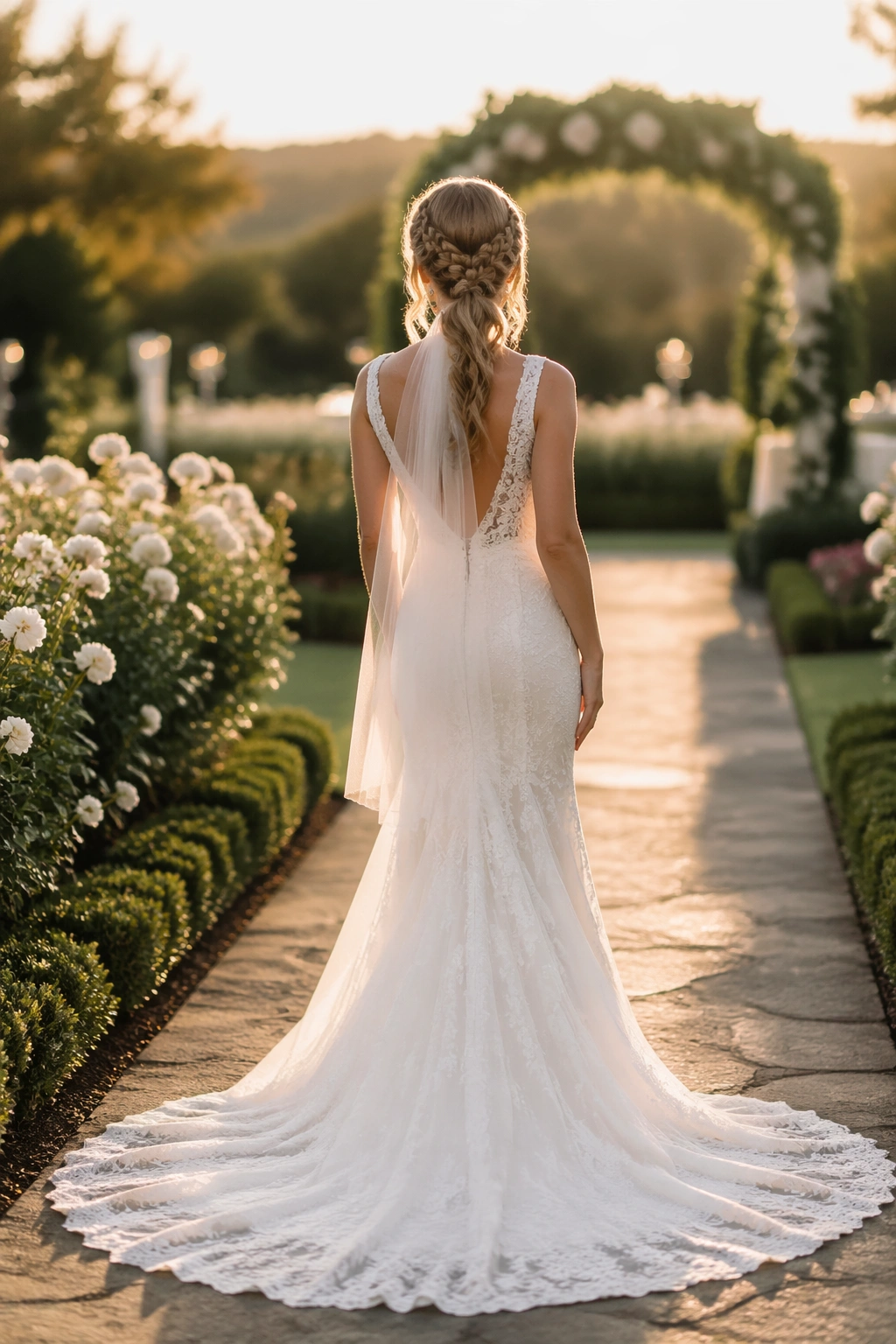 Bride outdoors with double French braids into ponytail