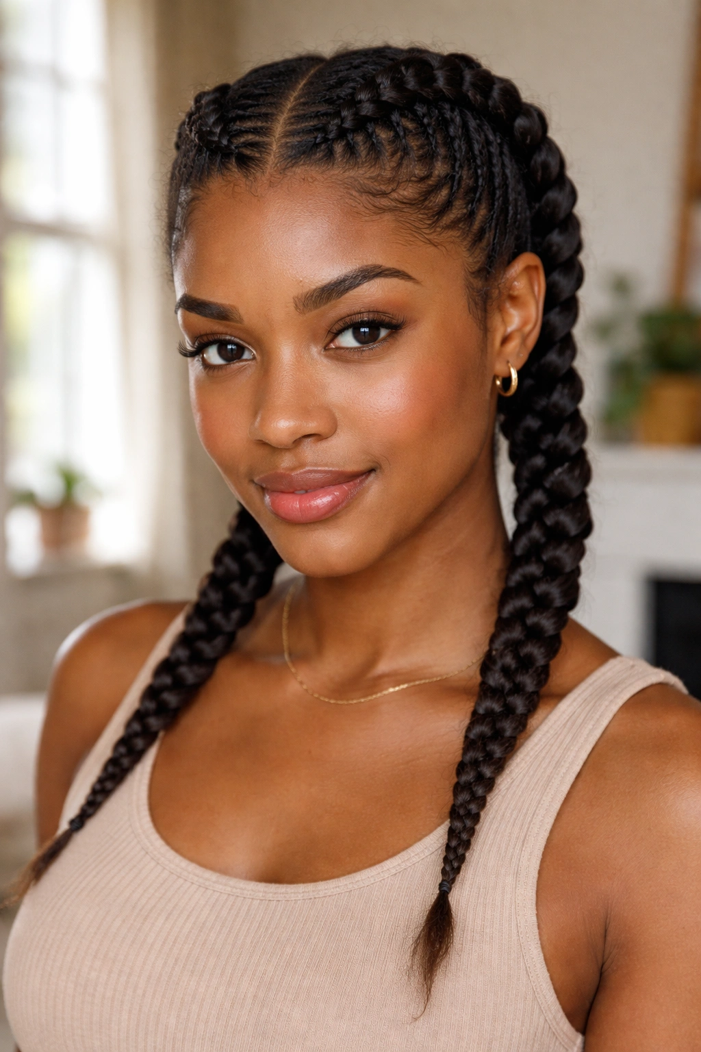 Portrait of a person with two French braids from crown to nape