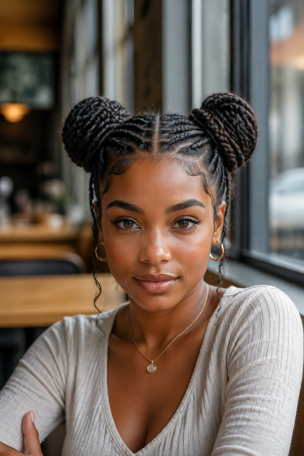 Real woman with two symmetrical goddess buns on the head