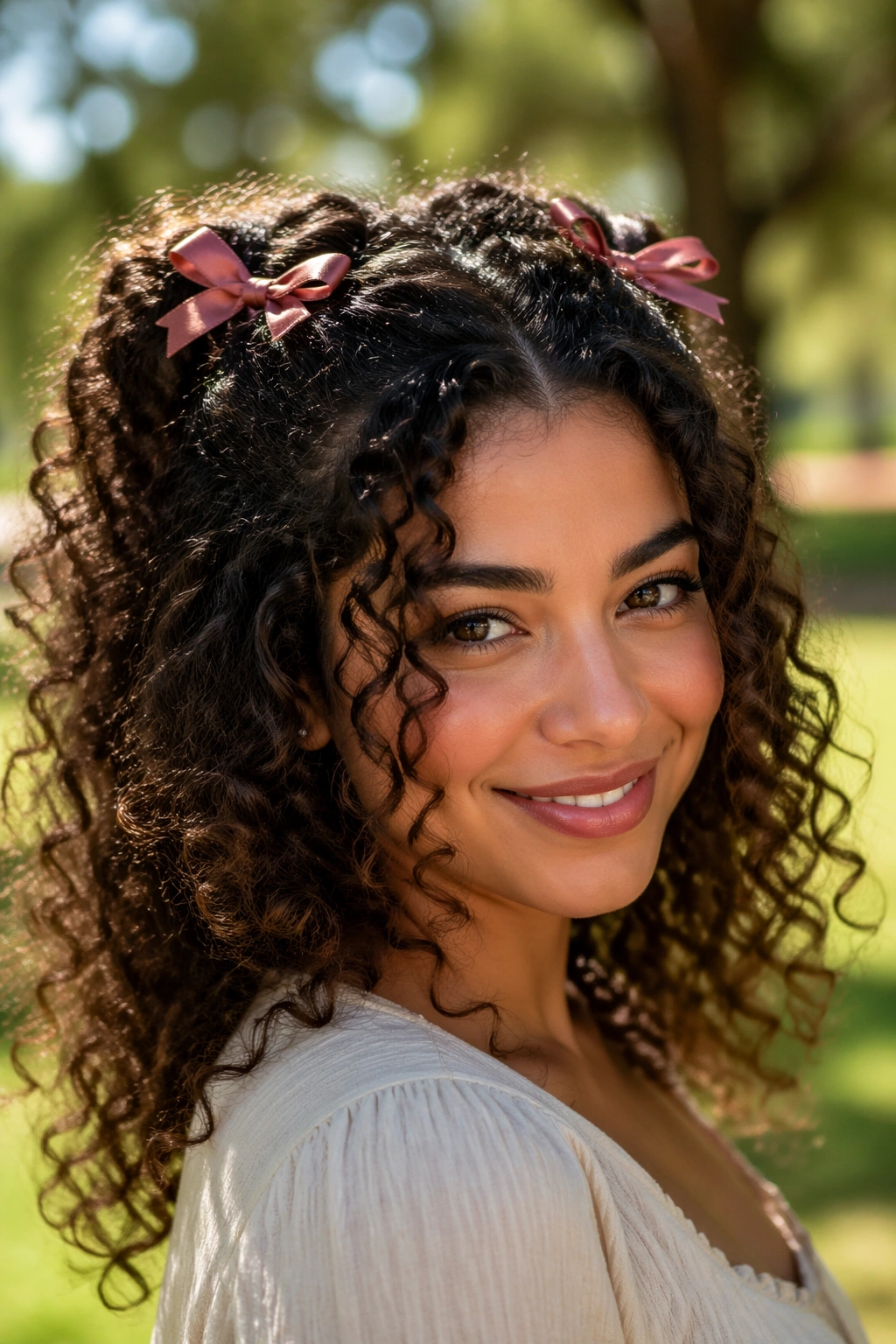Real woman wearing two small satin bows for extra volume in a half-up style