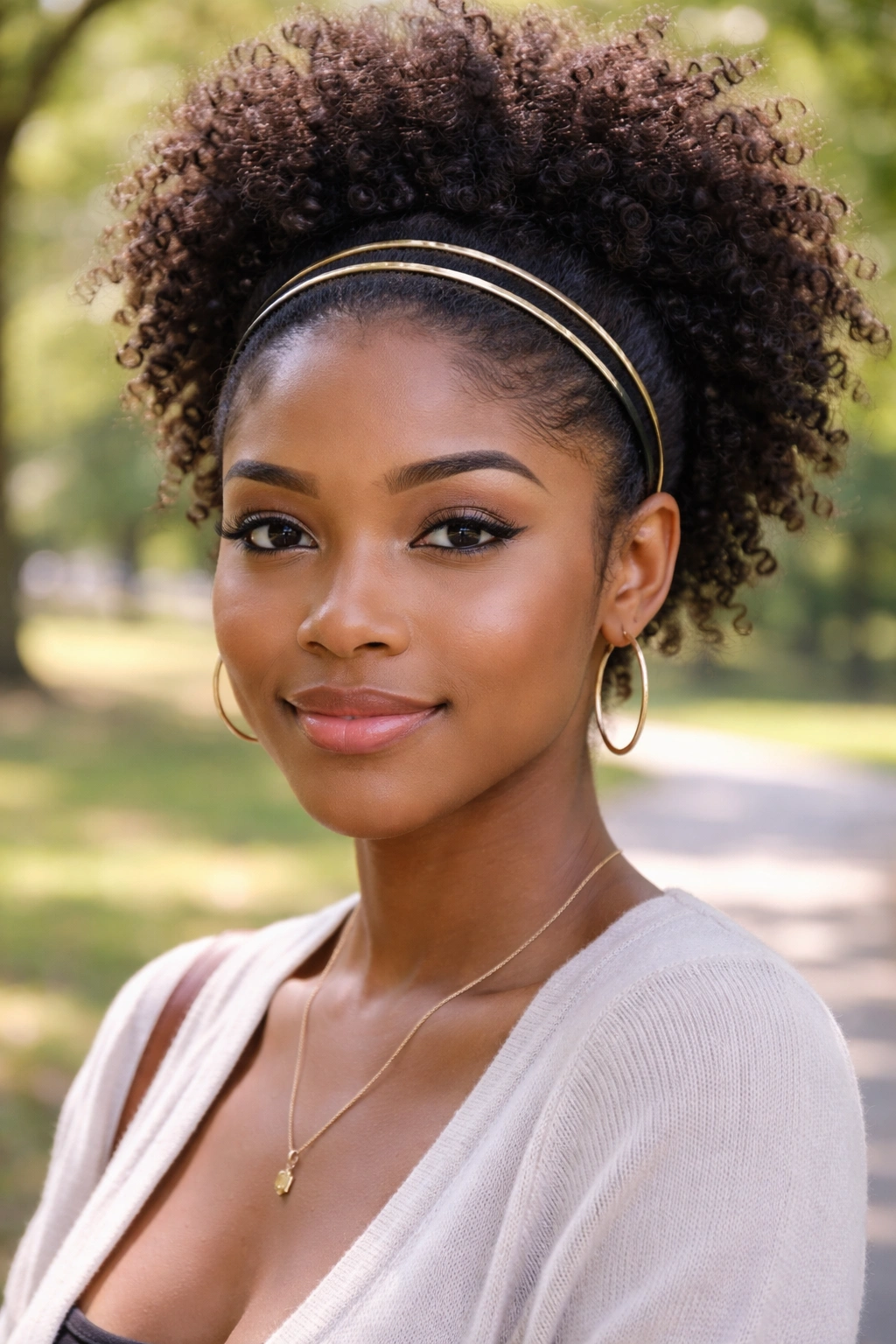 Close-up portrait of a real person wearing two thin headbands stacked on the forehead