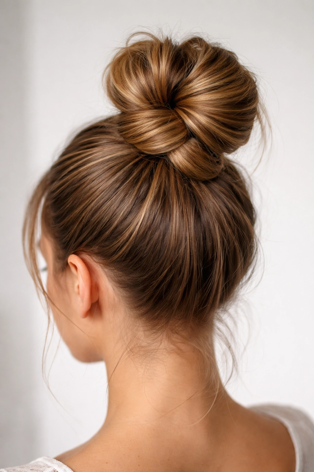 High bun formed by two knots over the ponytail with ends tucked