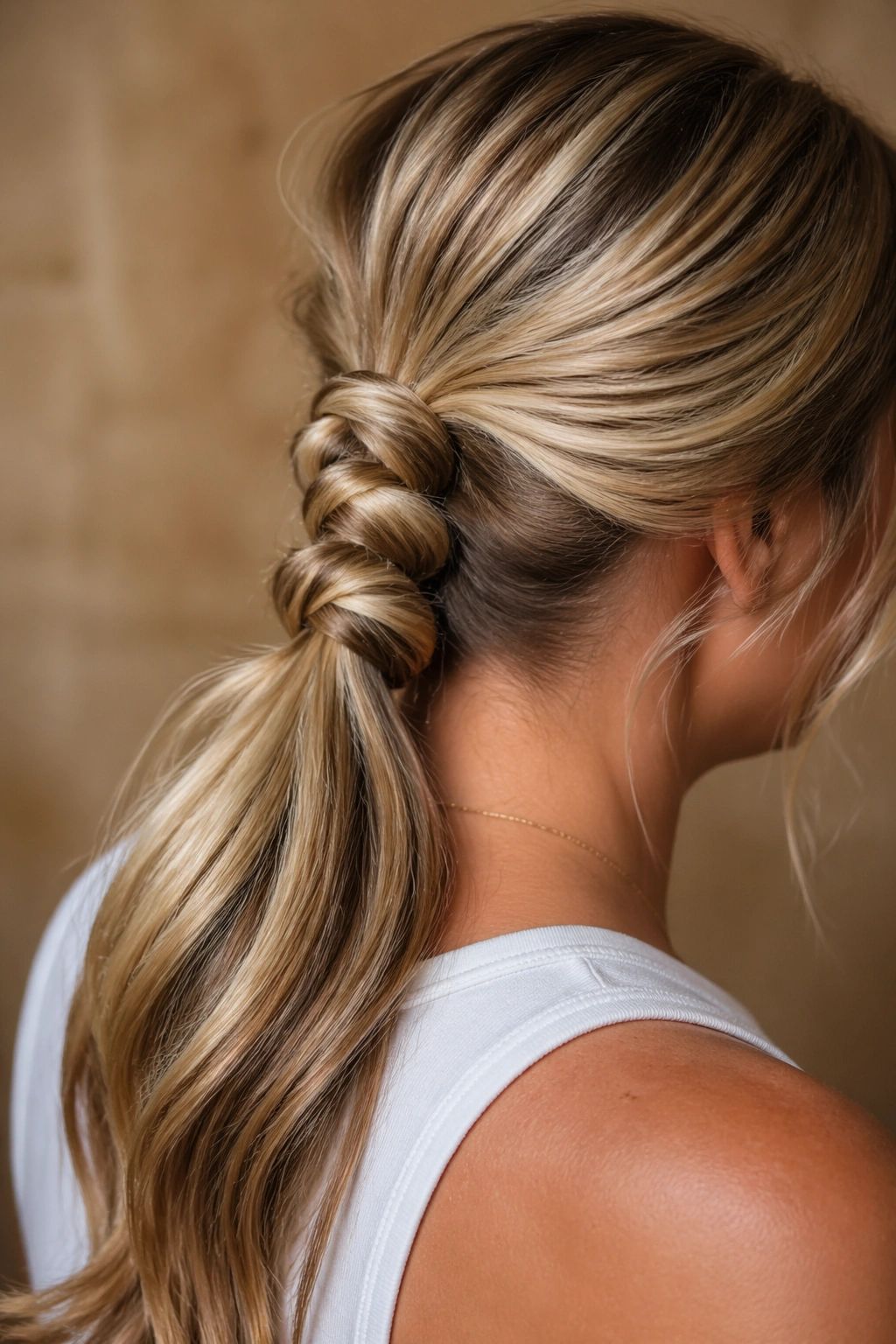 Close-up of a woman with a double-knot ponytail with two loose knots at the base