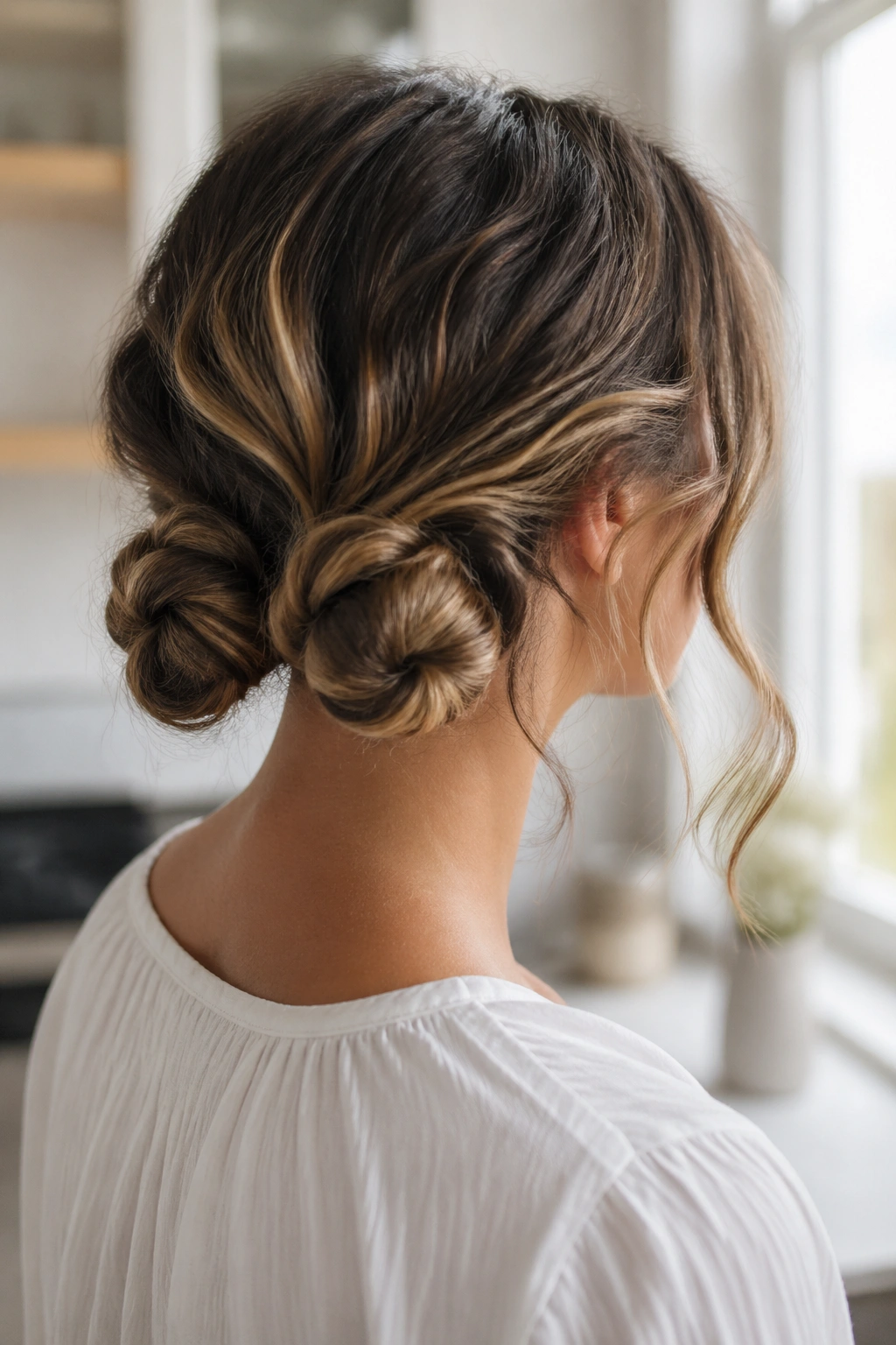 Portrait of a real woman with a double knot updo and shoulder-length waves