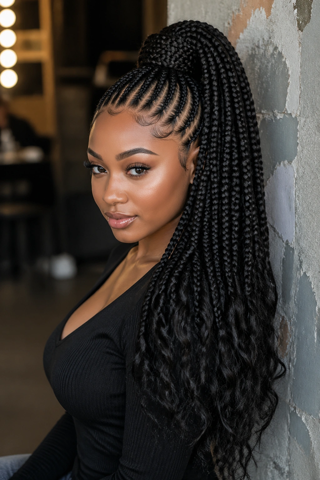 Close-up of double-layer feed-in ponytail on a real woman showing two layers for extra volume