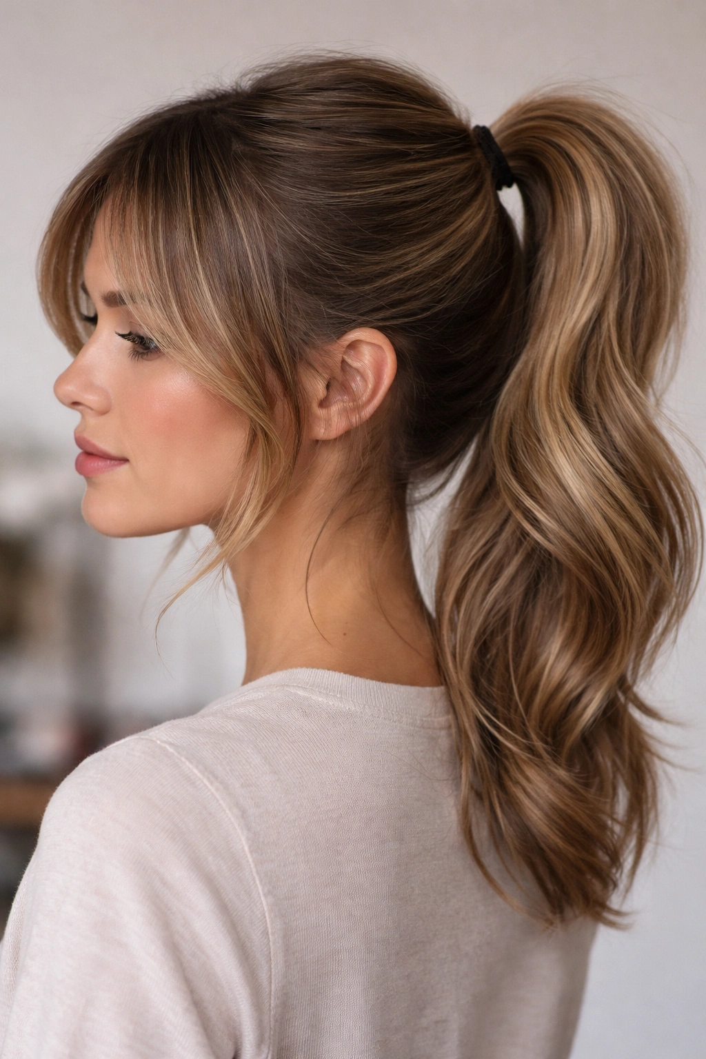 Close-up of a double-layer ponytail with two stacked ponytails and soft curtain bangs