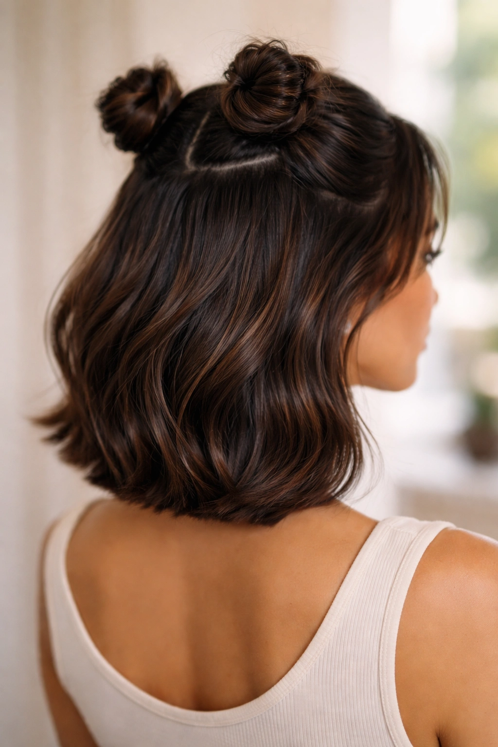 Double mini buns on top of a bob with loose back length