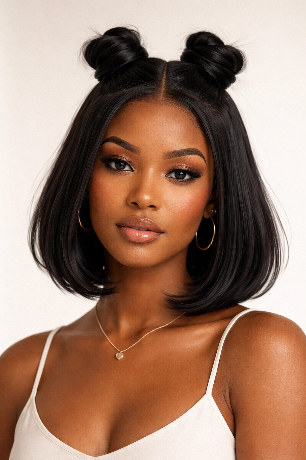 Double mini buns on a bob wig front view