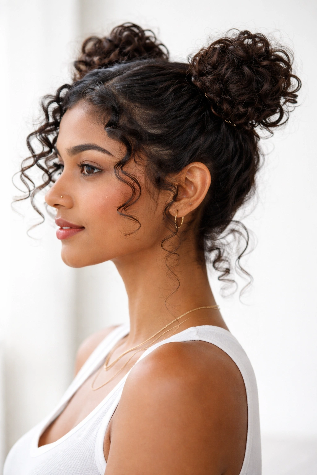 Two small high buns on curly hair with visible texture