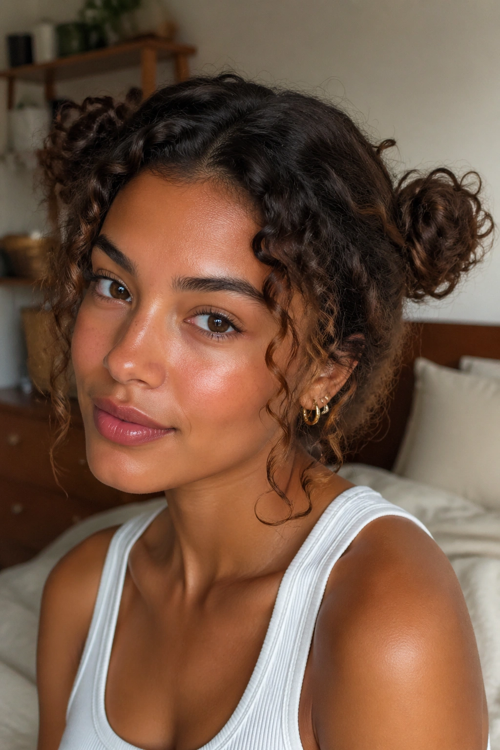 Real woman with double mini buns on curly medium hair, relaxed, textured curls