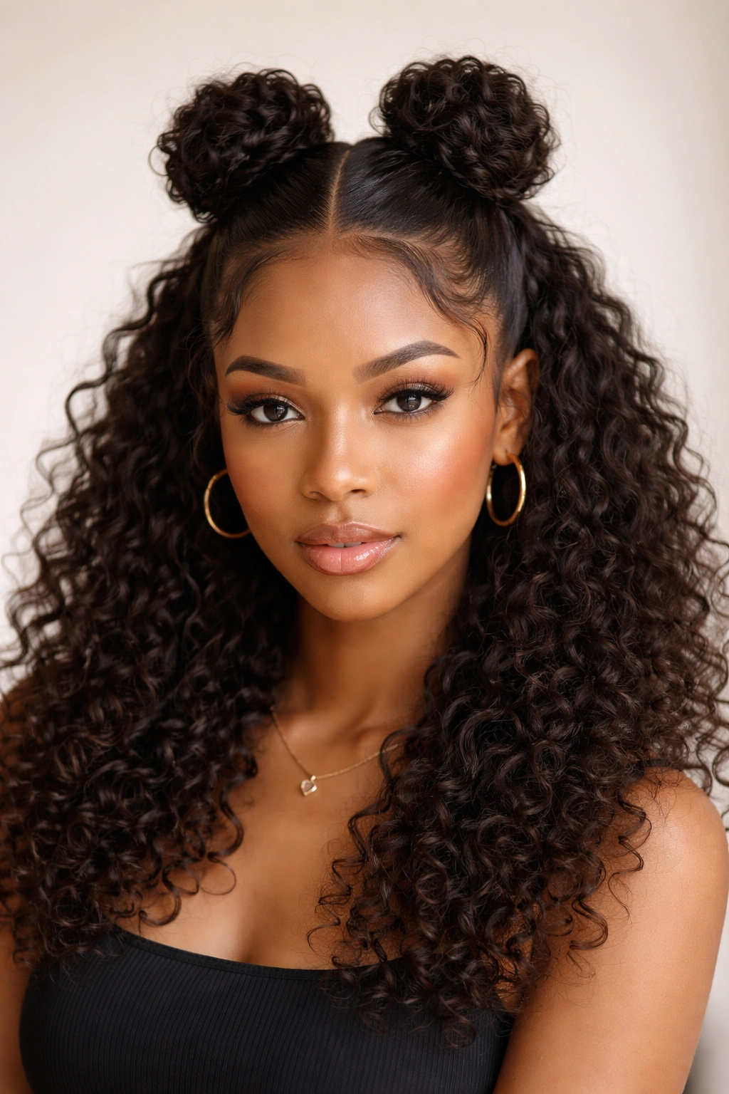 Two small buns on top of curly hair with face-framing curls