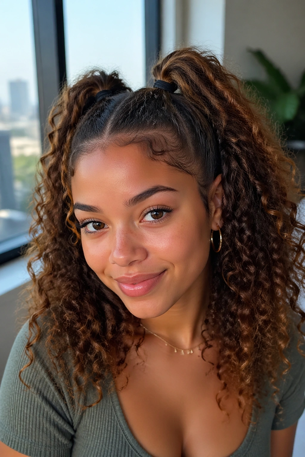 Close-up of a real woman with two mini half ponytails near the crown
