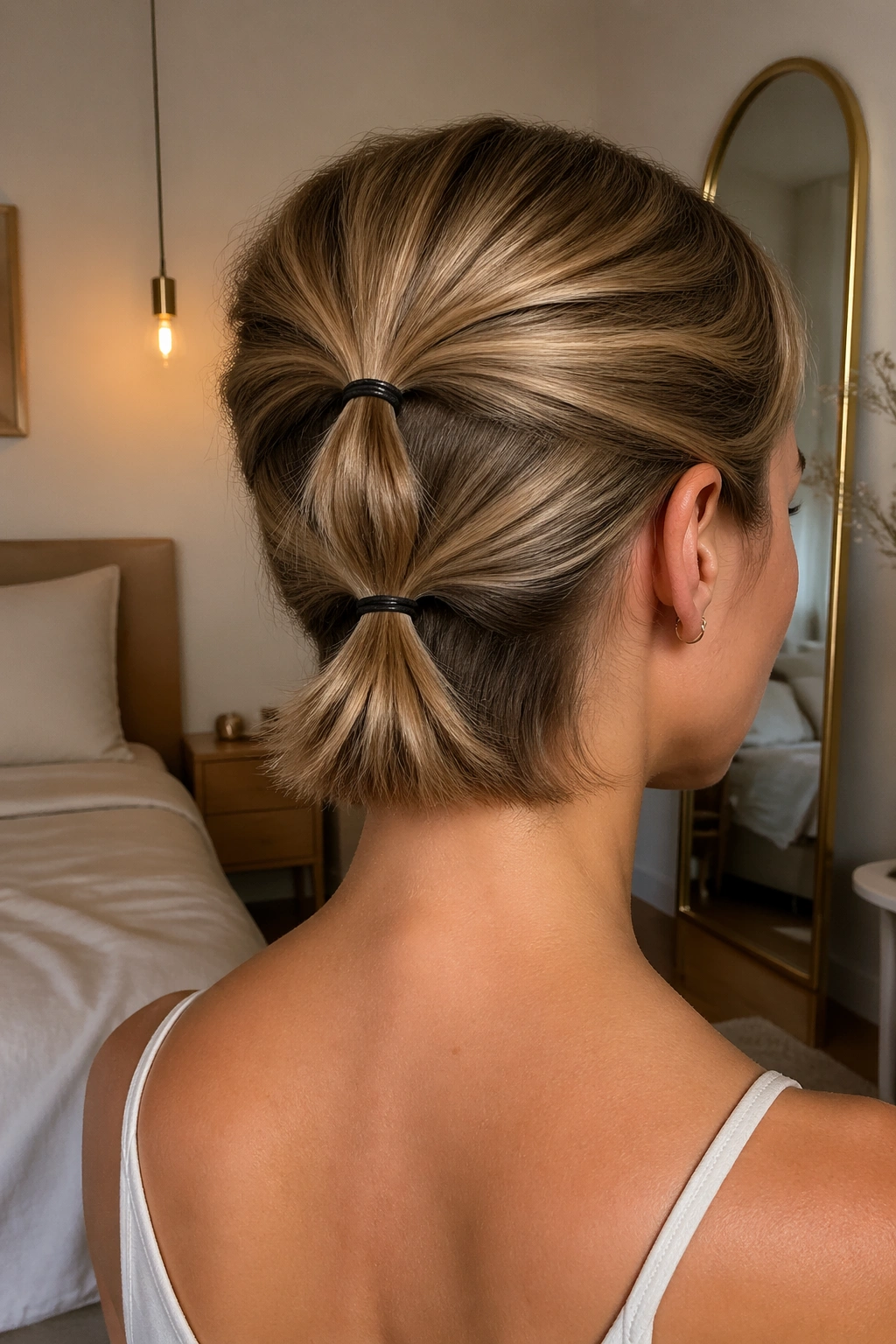 Back view of real woman with two tiny ponytails merged into a single look.