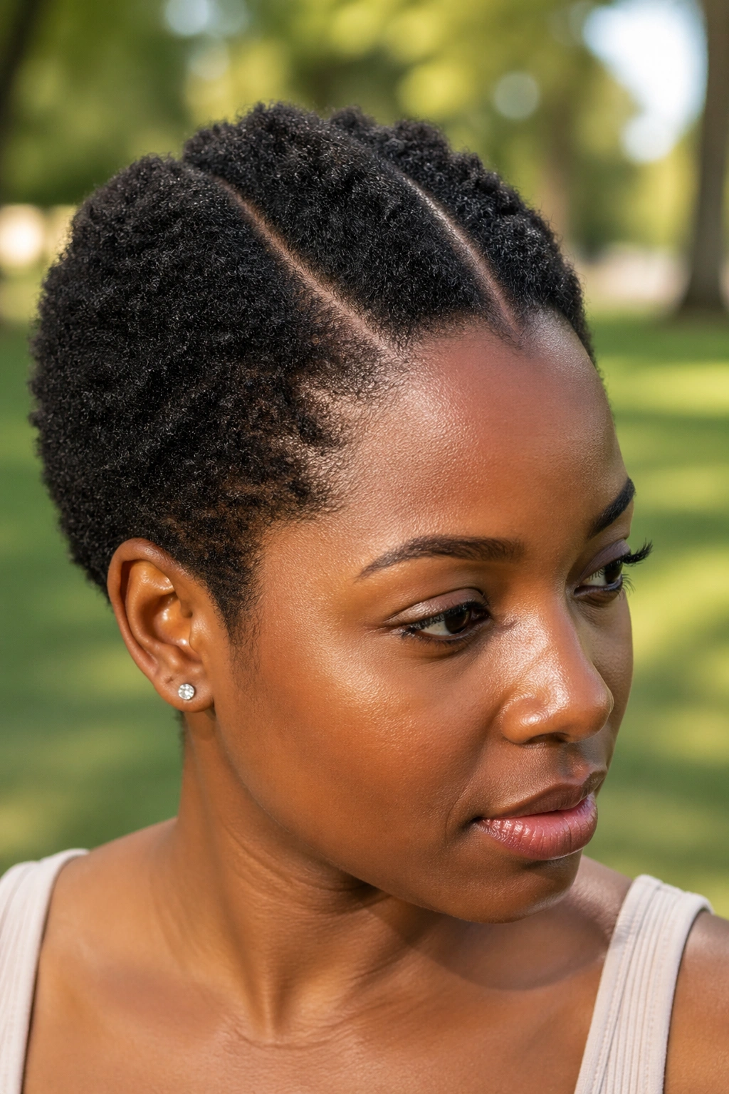 Close-up of a real woman with a double part Afro showing crisp two-part lines