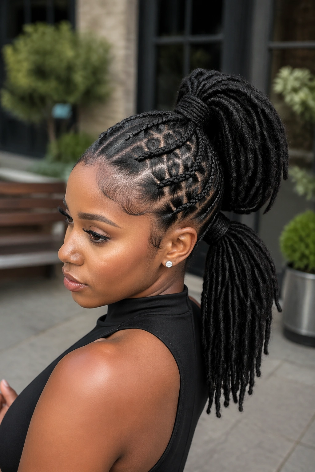 Real woman with two stacked butterfly braid ponytails for a dynamic look.