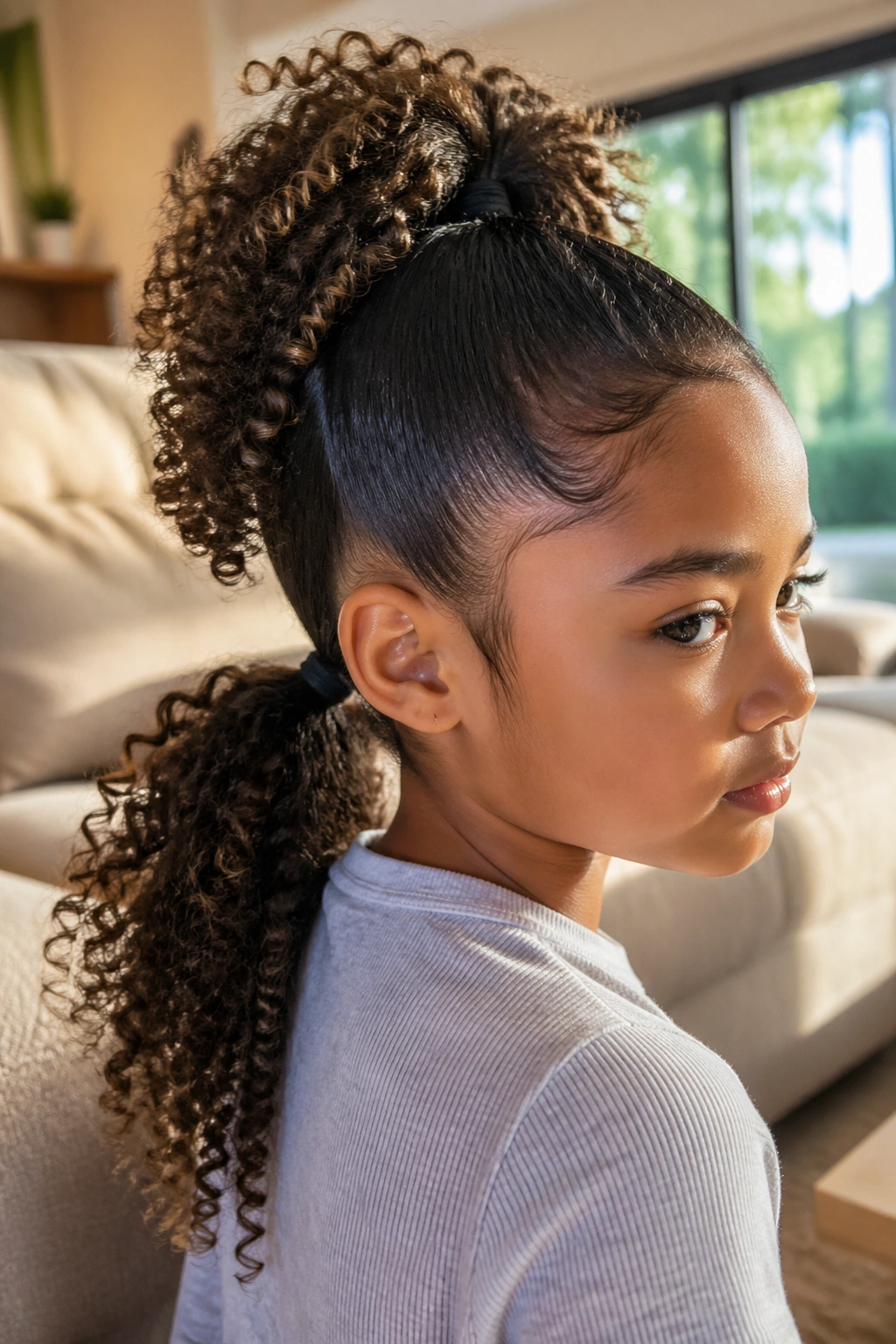 Real child with two ponytails in a bright living room