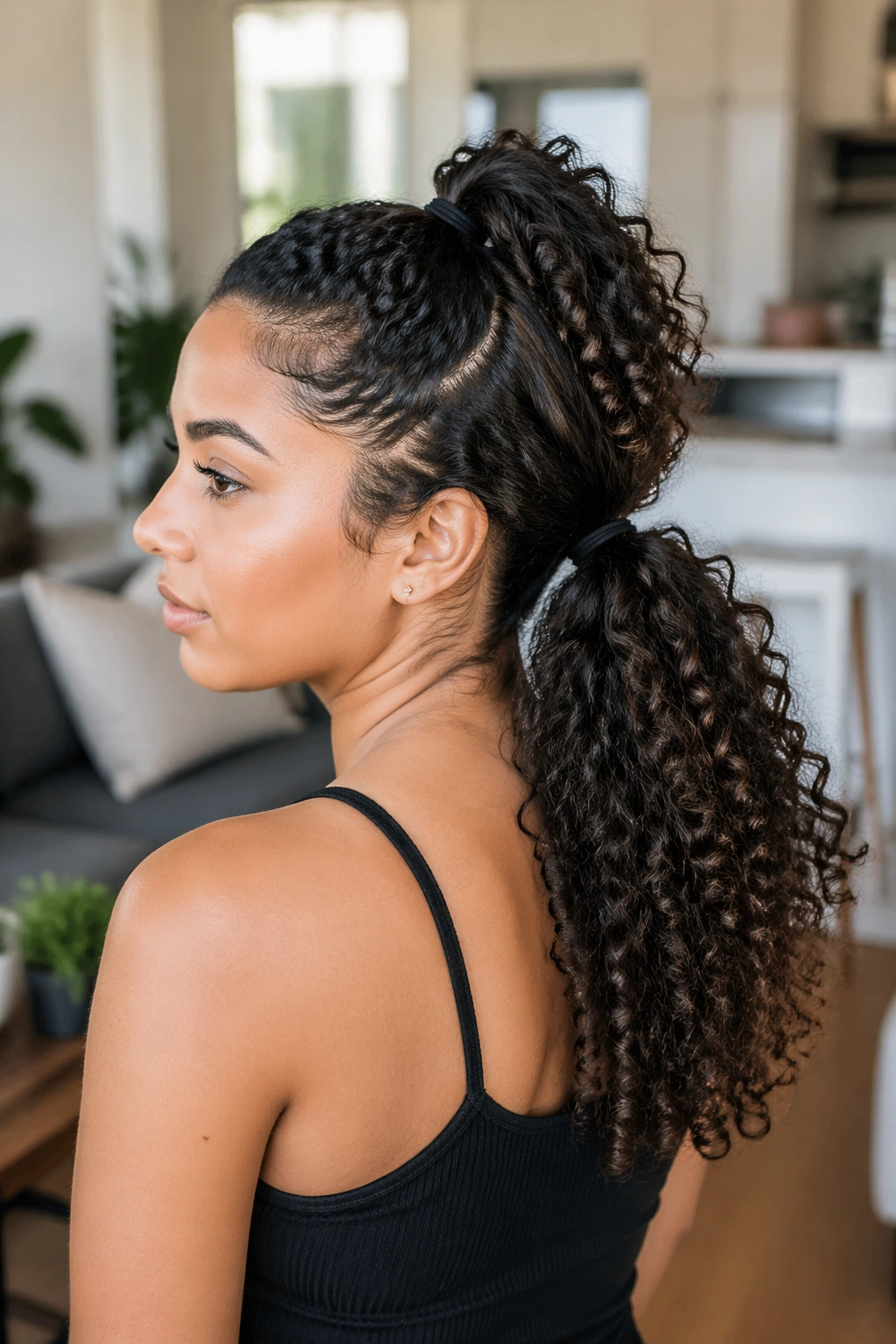 Close-up of a real woman with double ponytail on thick curly hair
