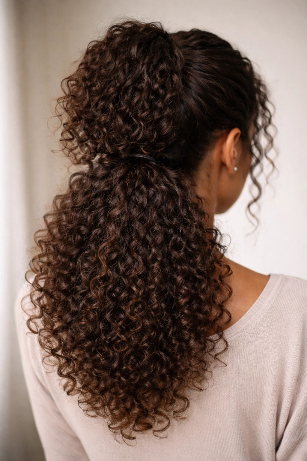 Back view of two stacked ponytails creating an illusion of long, voluminous curls