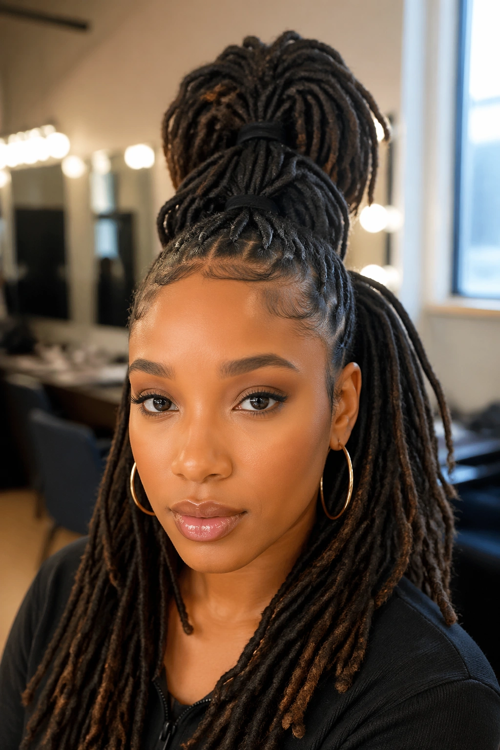 Real person with two-tiered ponytails stacked for lift