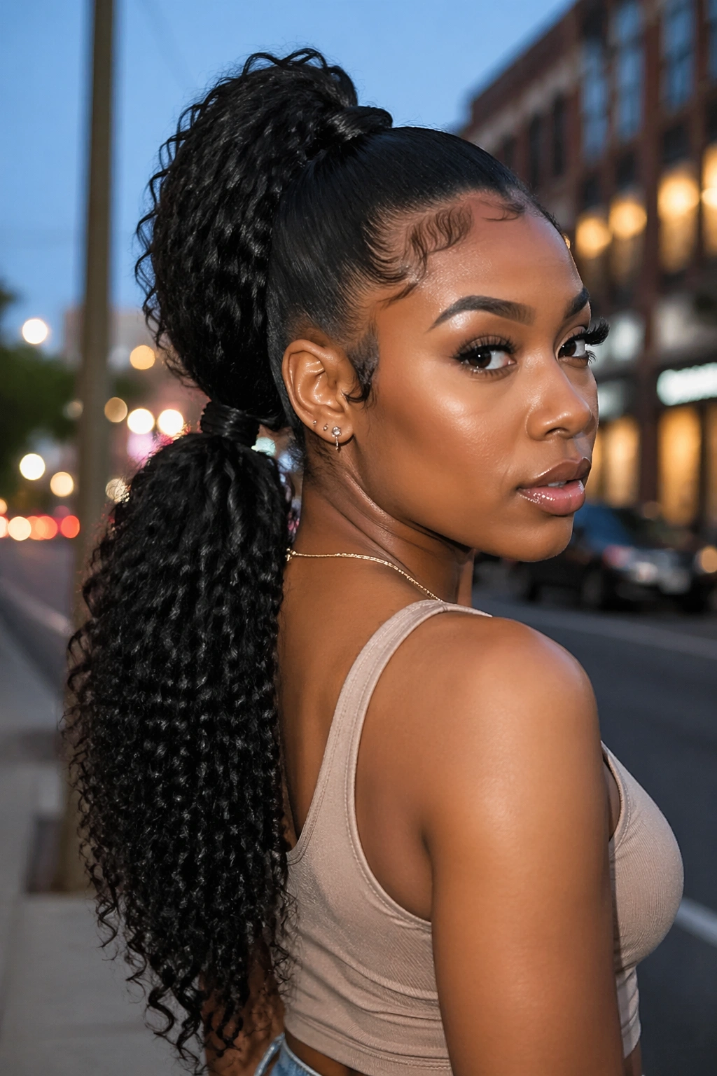 Close-up of a real woman with two stacked ponytails on an urban street
