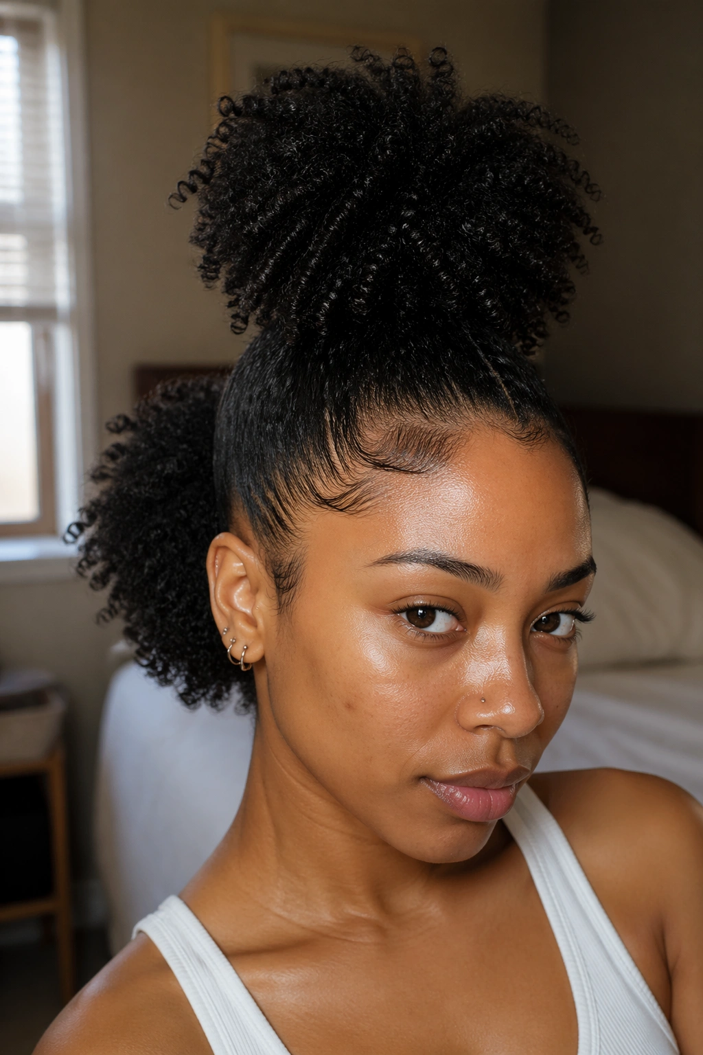 Real woman with stacked double ponytail hairstyle (4A hair) under natural window light