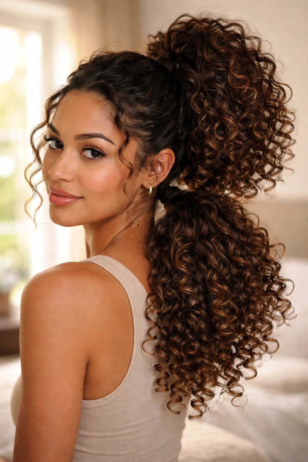 Close-up of a real woman with two stacked ponytails on curly hair in warm window light