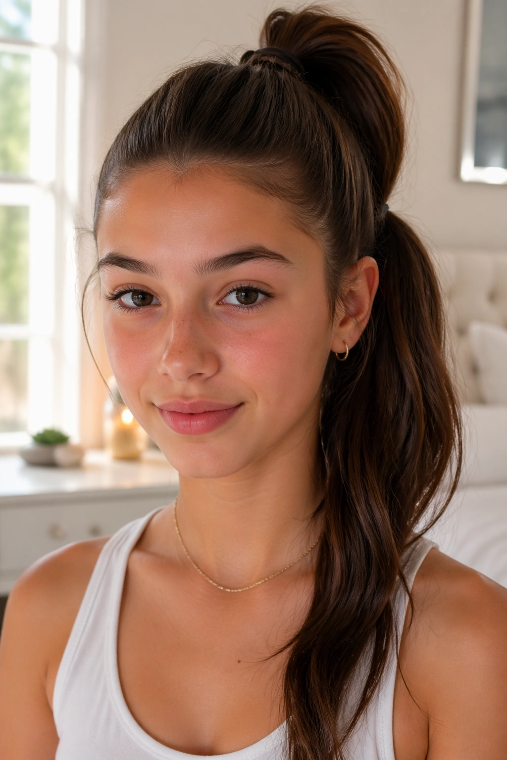 Teen girl with two ponytails, top and bottom, in a bright bedroom.