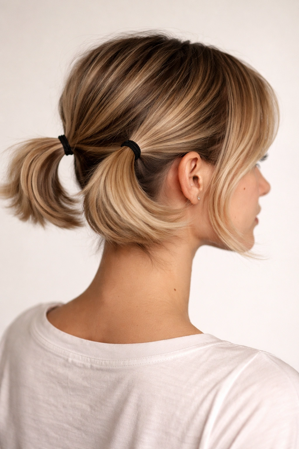 Close-up of short hair with two flipped-out ponytails on a neutral backdrop