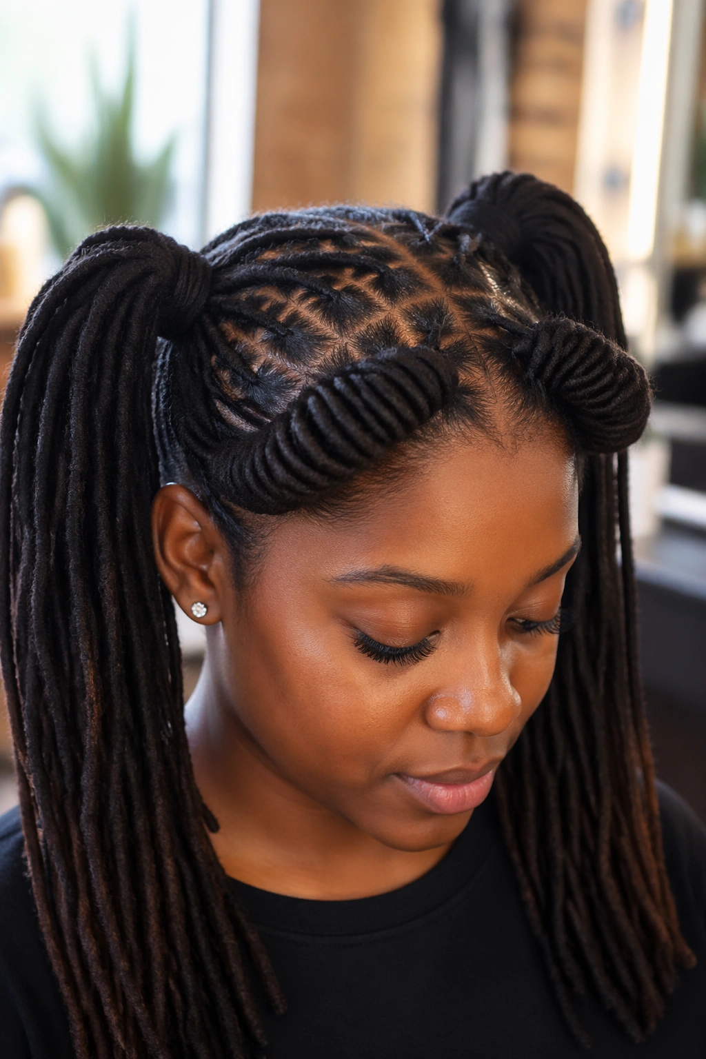 Close-up of a real woman's head with front barrel twists feeding into double ponytails on locs