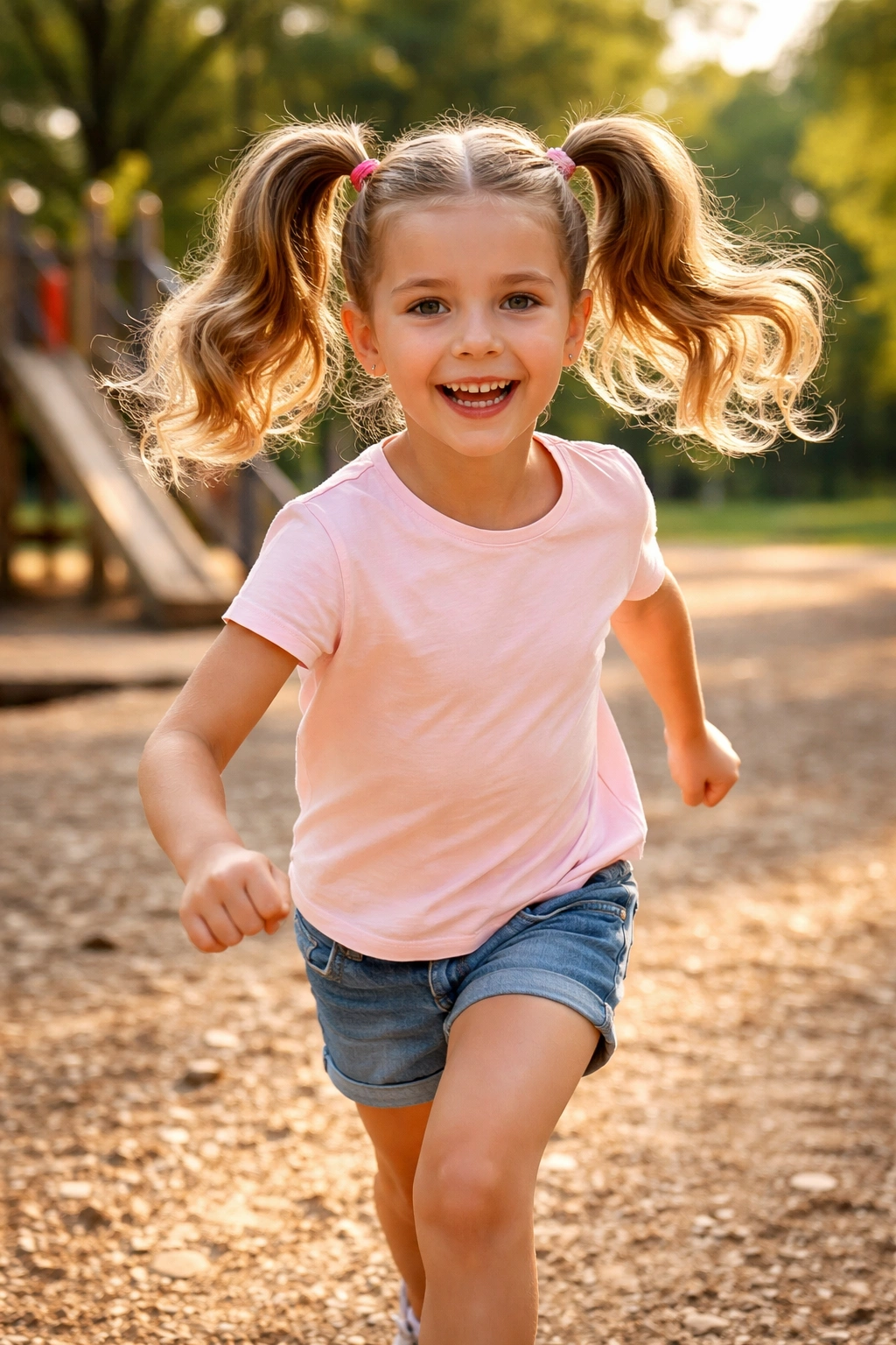 Child with two high ponytails in motion at a playground.