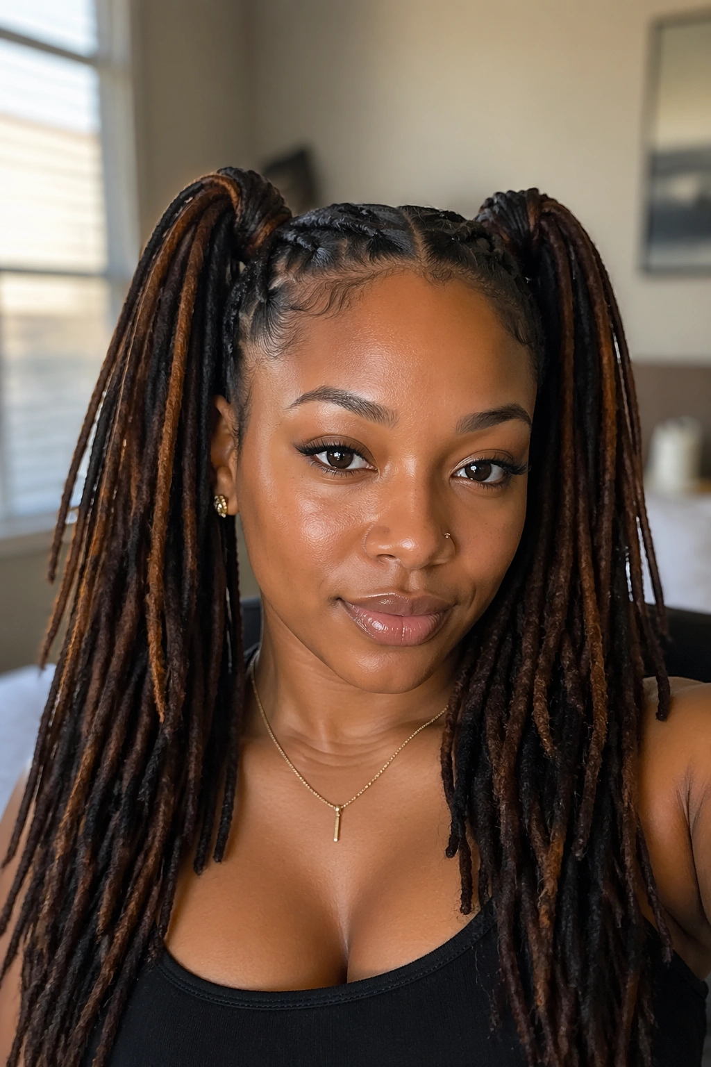 Real woman with two high ponytails from long locs, head-and-shoulders portrait