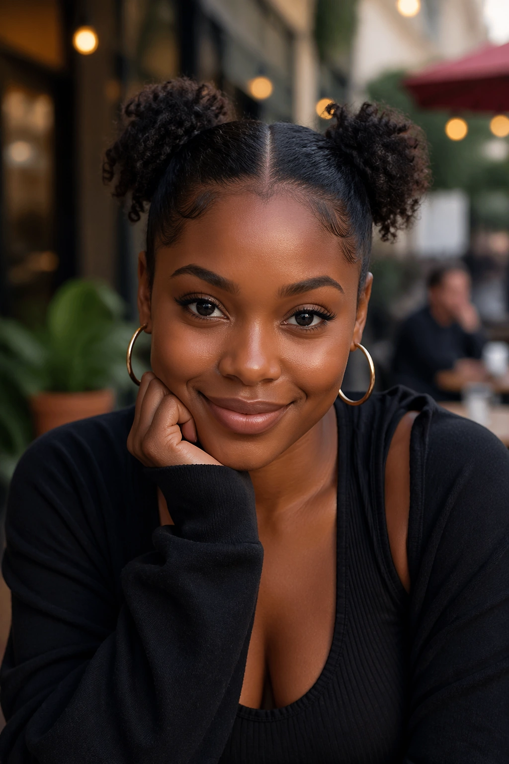 Frontal portrait of a real woman with two tiny ponytails and puffs