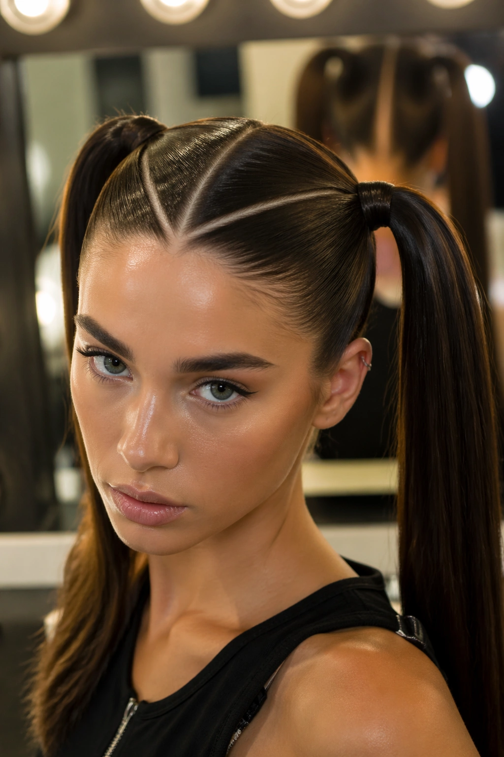 Close-up of a real woman with editorial double ponytails featuring sharp part lines at the crown