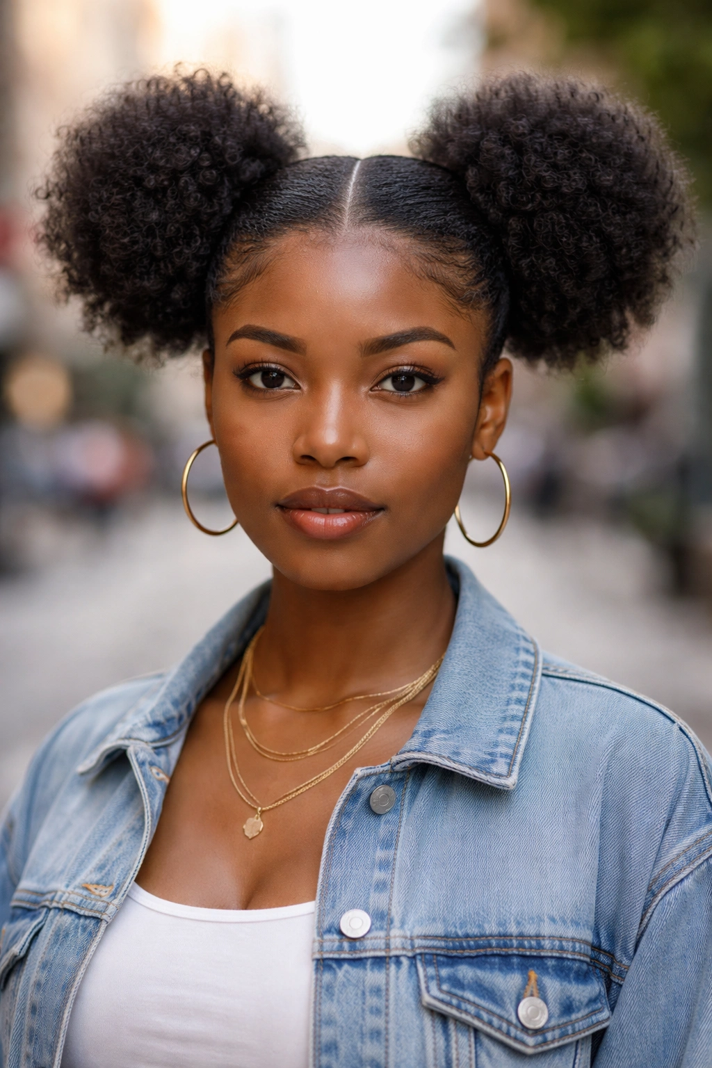 Close-up portrait of a real woman with two symmetrical afro puffs on each side, hair parted down the middle