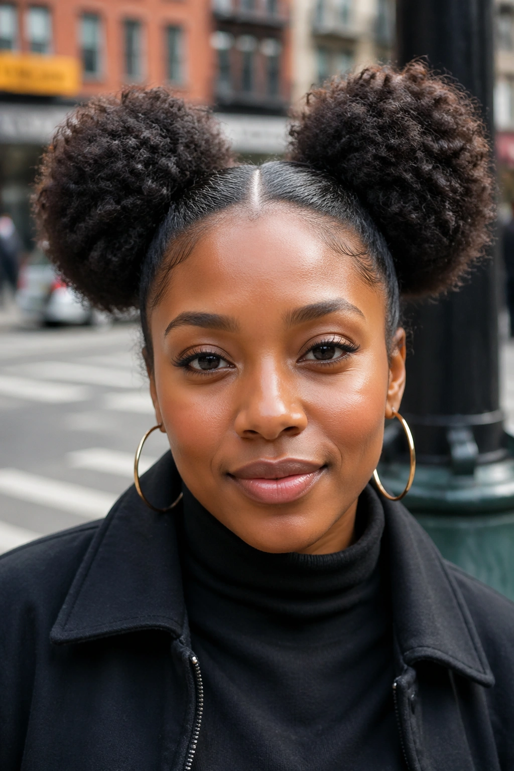 Close-up of a real woman with two afro puffs on the sides