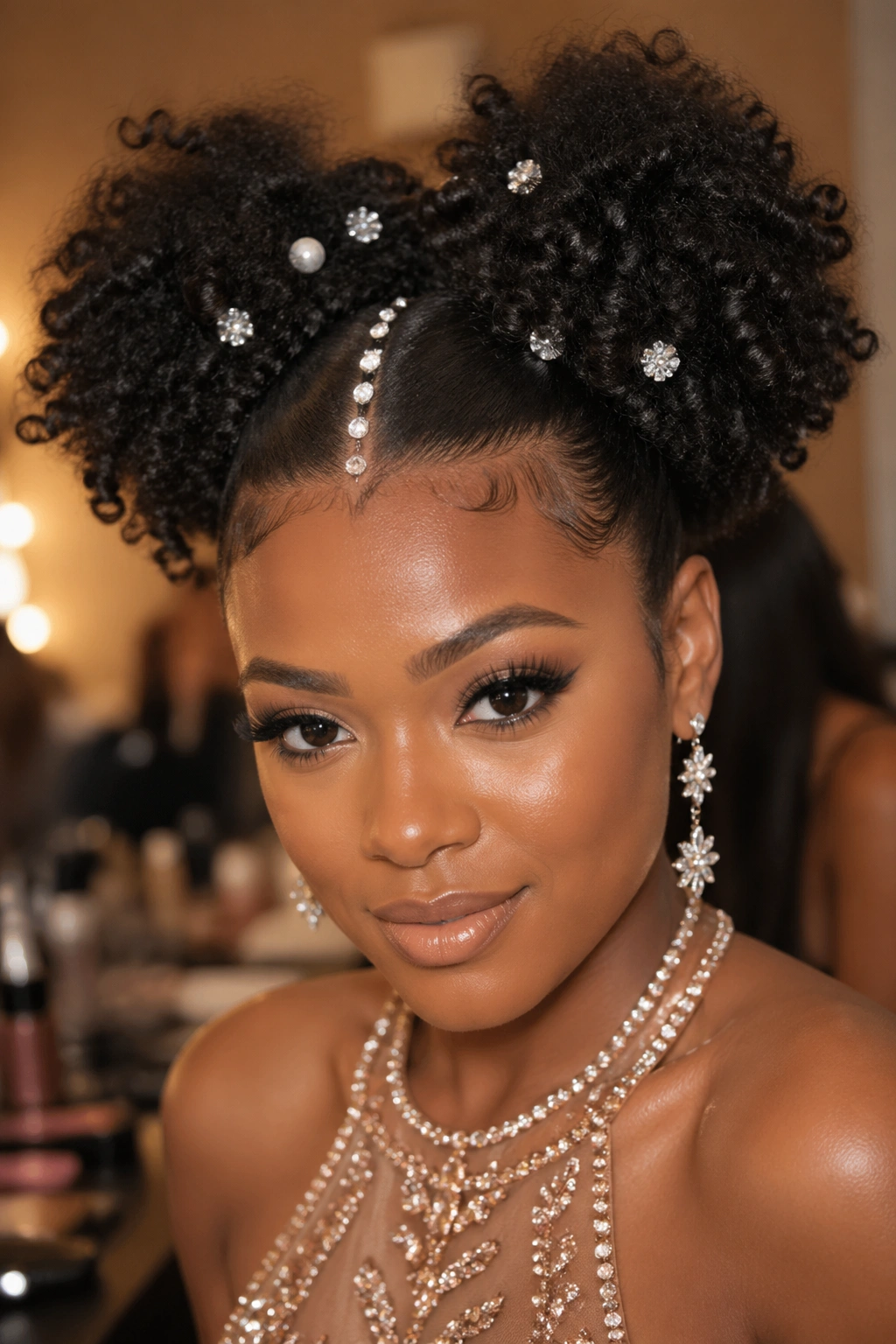 Close-up of a real woman with two high puffs and jeweled parts in a glamorous backstage setting.