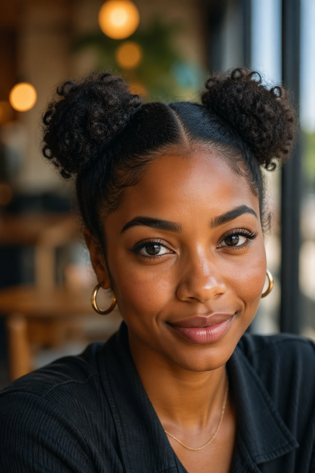 Close-up of a real person wearing double puffs on short natural hair