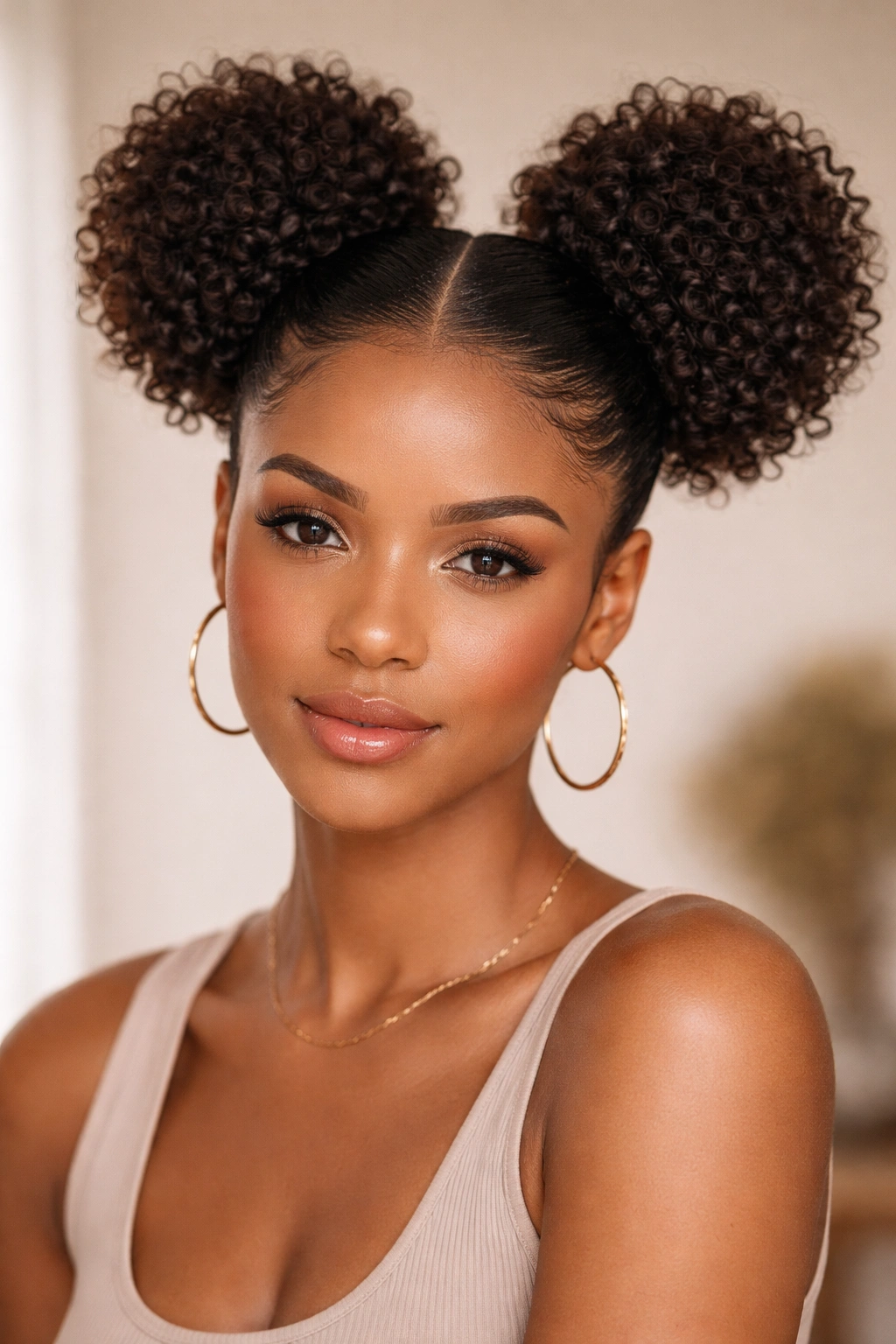 Two high space buns with a center part and defined curls
