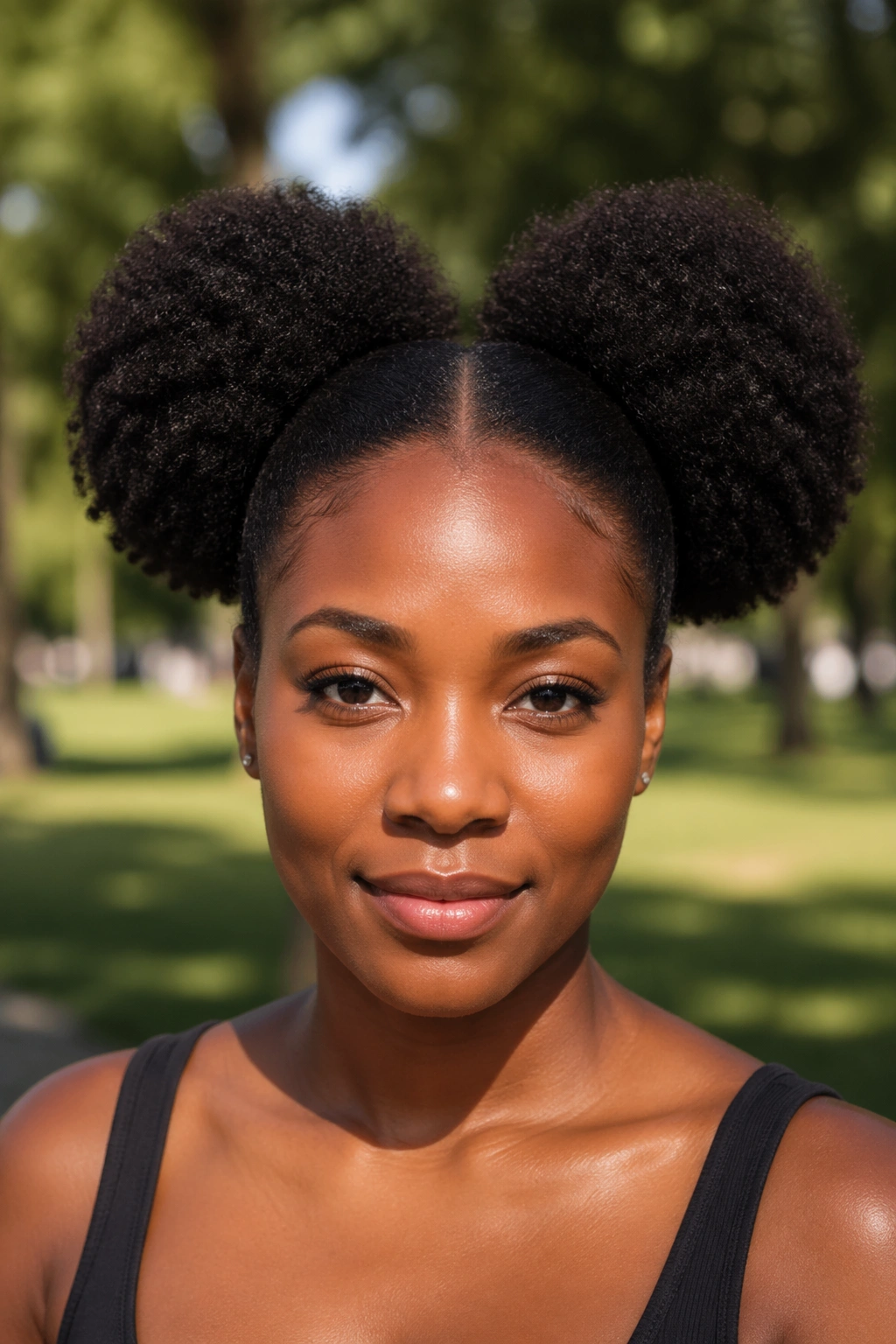 Portrait of a woman with two symmetrical puffs on each side of center-part.